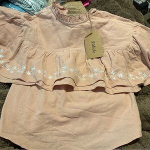 Blush Pink Ruffled Top  with White Floral Embroidery